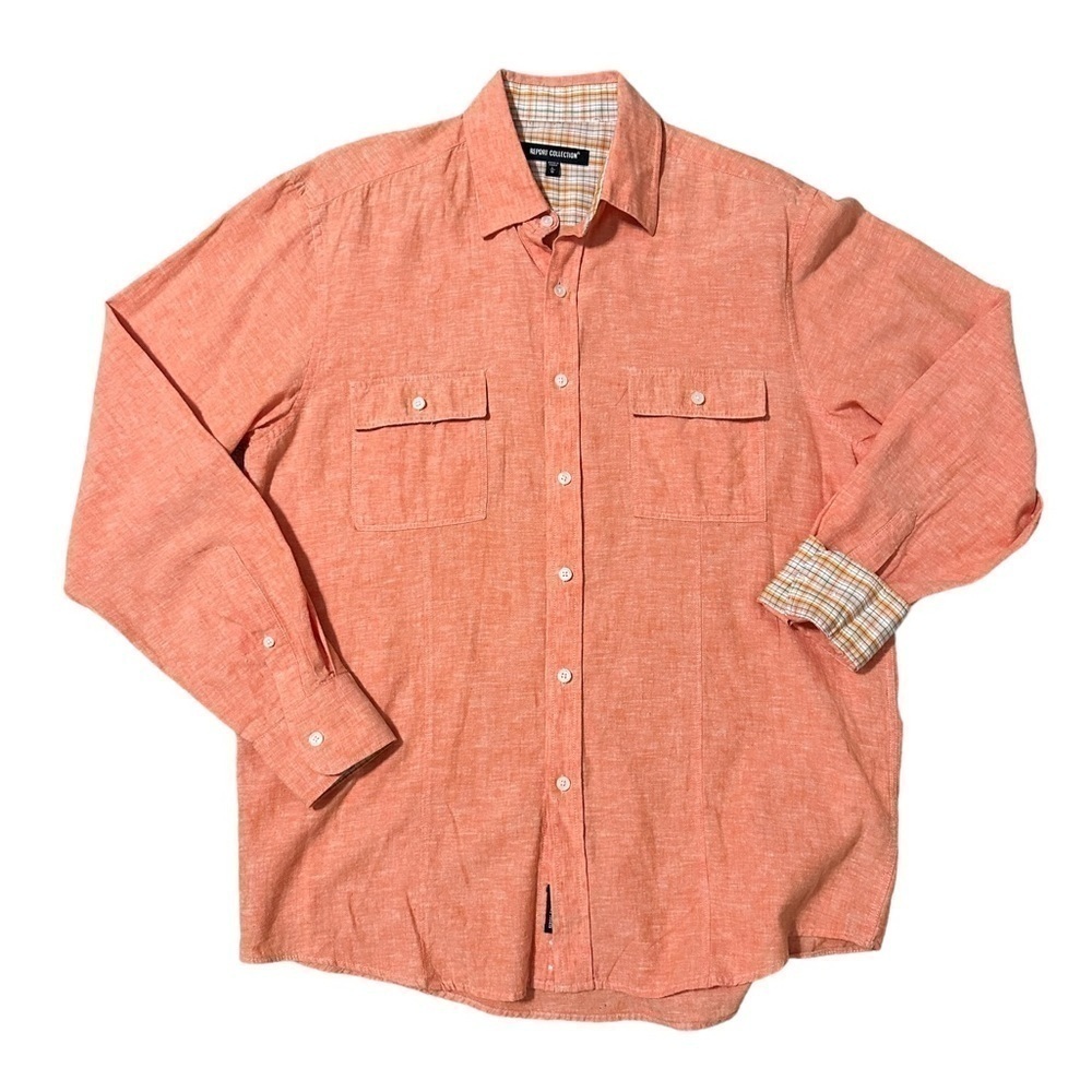 Report Collection Linen Blend Long Sleeve Button Down Mens Shirt Orange Large